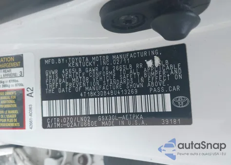 2011 Toyota Avalon Limited z USA, uszkodzony, nr VIN 4T1BK3DB4BU413269